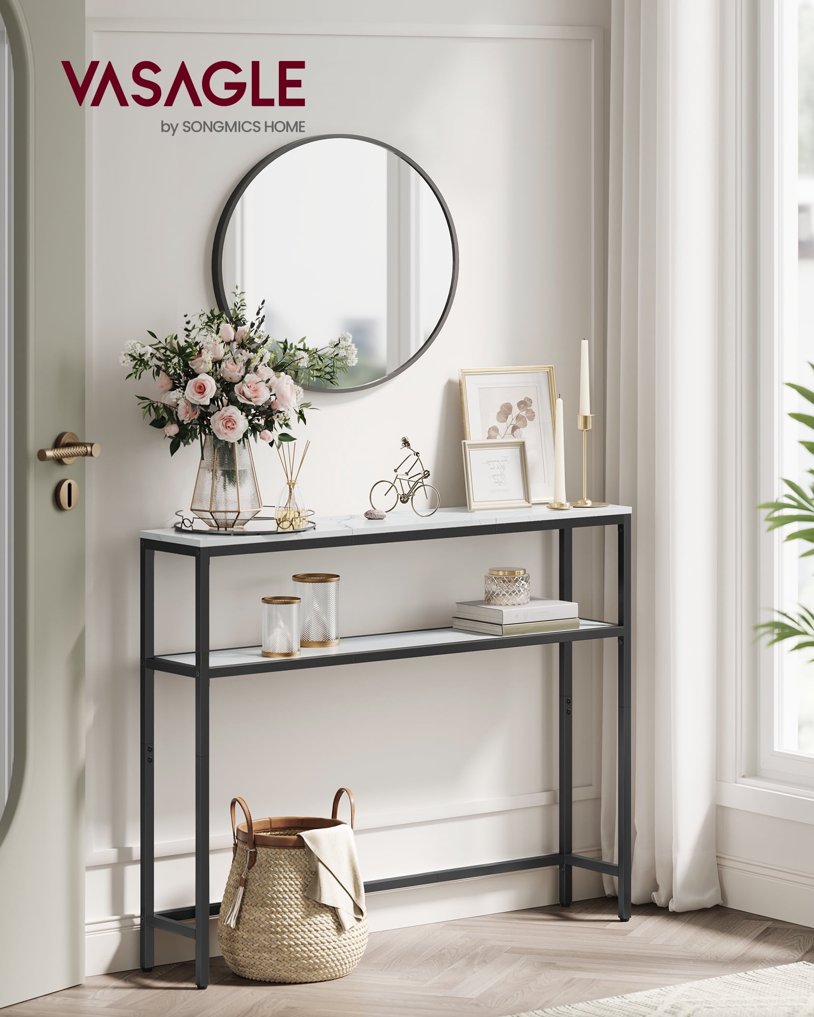 2-Tier Narrow Console Table with Marble White Top, 39.4 Inch Sofa Table for Entryway Living Room, Black Frame