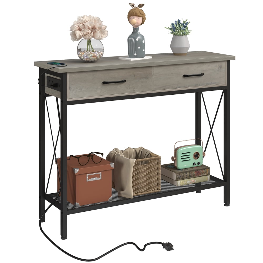 2 Tier Narrow Console Table with Power Outlets and USB Ports, Wood Sofa