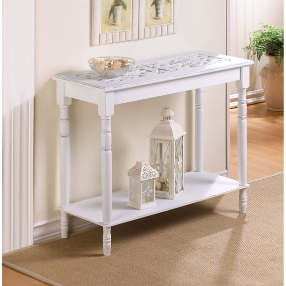 2-Tier Narrow Distressed White Wood Carved-Top Console Table with Open Storage Shelf | Multi-Purpose Entryway, End, or Sofa Table for Living Room, Bedroom, or Hallway 35" Long