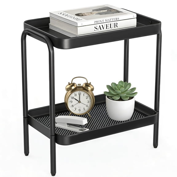 2-Tier Narrow Metal Side Table With Perforated Shelf, Standard Black