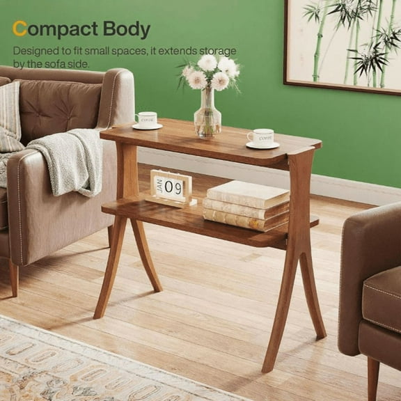 2-Tier Narrow Side Table, Walnut Wood Grain, Herringbone Legs for Living Room/Bedroom/Entryway