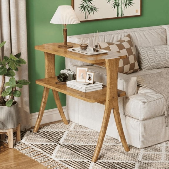 2-Tier Narrow Side Table, Walnut Wood Grain, Herringbone Legs, for Small Spaces/Living Room/Bedroom