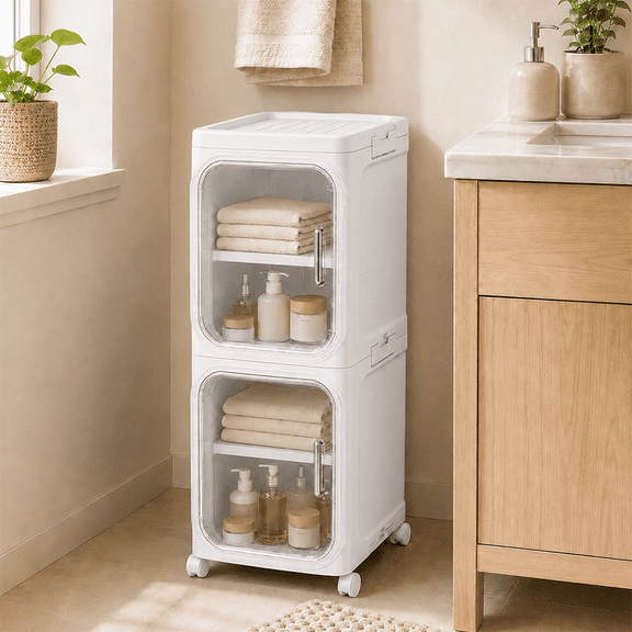 2-Tier Bathroom Storage Cabinet with Wheels, Adjustable Shelves, Magnetic Doors, Plastic Slim Bathroom Organizers and Storage for Small Spaces, Kitchen, Laundry Room, White