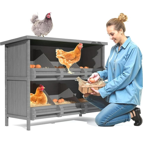 2-Tier Nesting Boxes for Chickens, 6-Compartment, Wooden Chicken Nesting Box for Laying Eggs, Chicken Laying Boxes with Perch, Solid Wood Egg Laying Box for Hens, Chickens, Ducks, 1 Pack