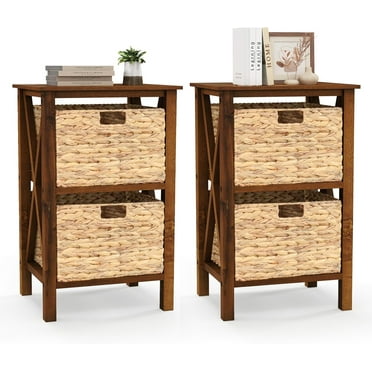 2-Tier Nightstand with 2 Wicker Baskets, Wooden X-Design Side Table End Table, Beside Table with Acacia Wood Legs, Mid Century Accent Storage Cabinet for Small Spaces, Bedroom, Walnut