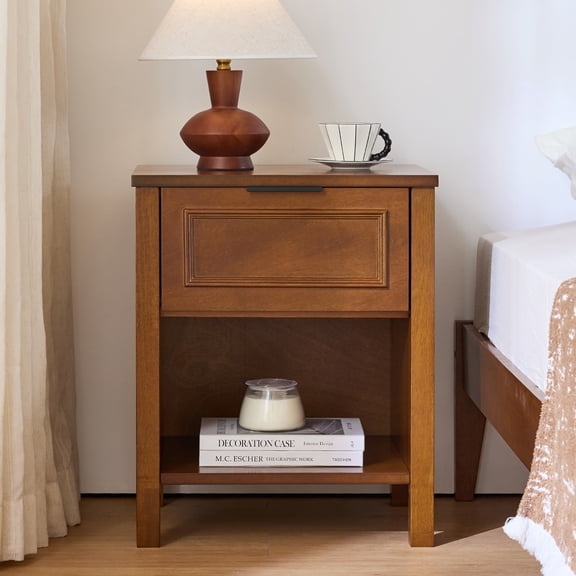 2-Tier Nightstand with Drawer & Solid Wood Frame Farmhouse Bedside End Table for Bedroom Living Room
