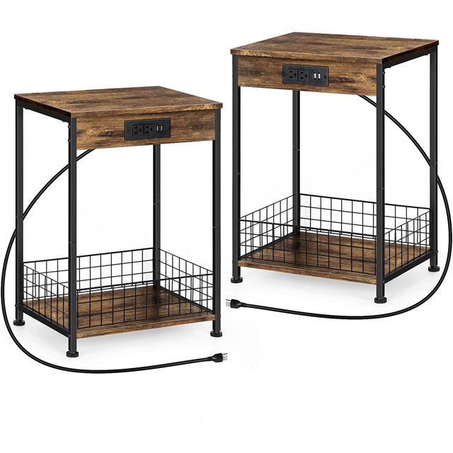 2 Tier Nightstands End Tables with Charging Station and Storage Basket
