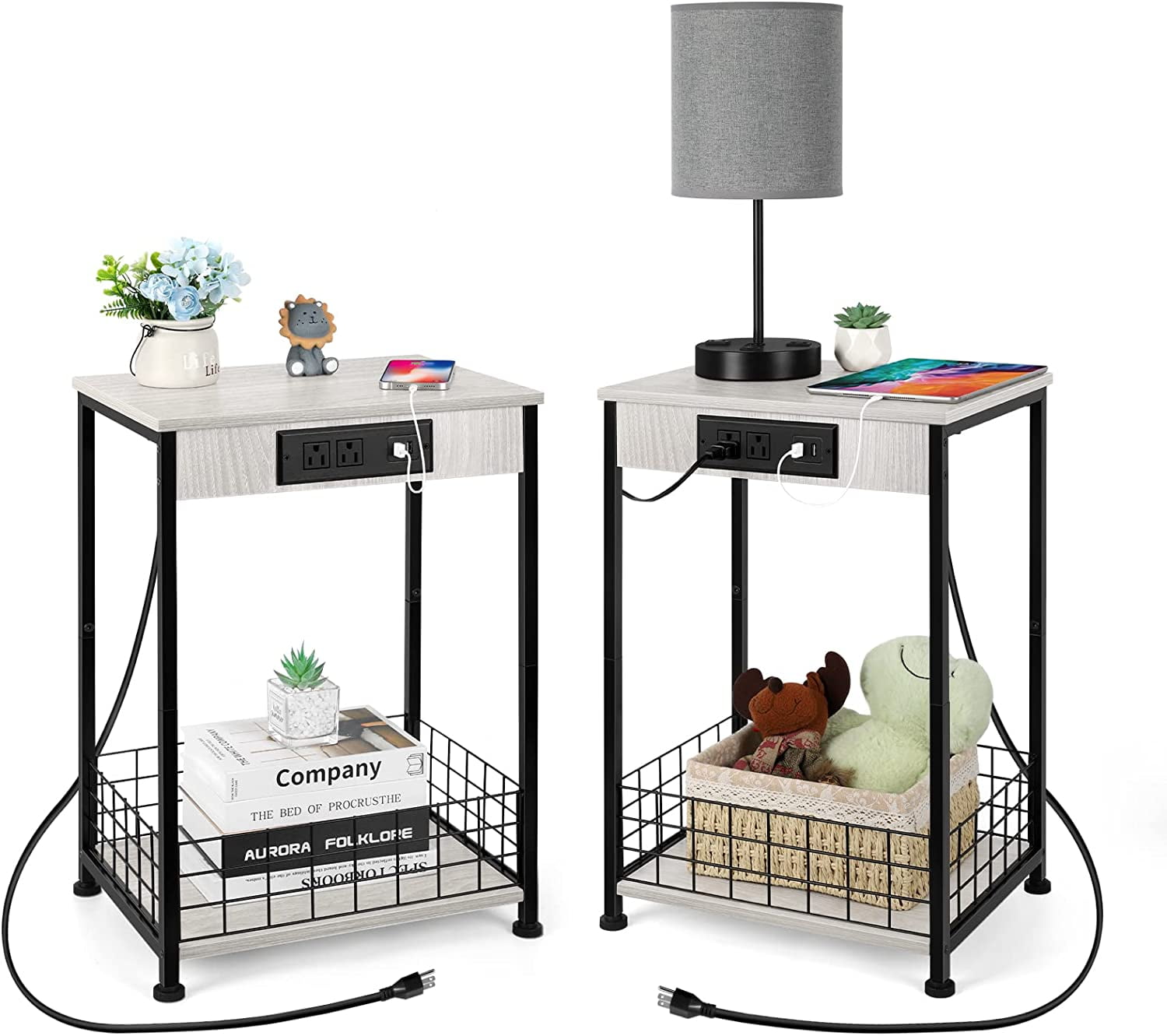 Oumilen Adult 2 Tier Nightstands End Tables with Charging Station and Storage Basket Set of 2, White