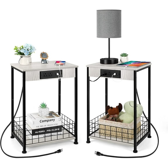 Oumilen Adult 2 Tier Nightstands End Tables with Charging Station and Storage Basket Set of 2, White
