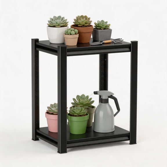 2-Tier Office Organizer Bookshelf, Black Heavy Duty Industrial Shelving, Versatile Plant Stand Sofa Side Table, Bedroom & Kitchen Multi-Use Rack, 14''W×22''H