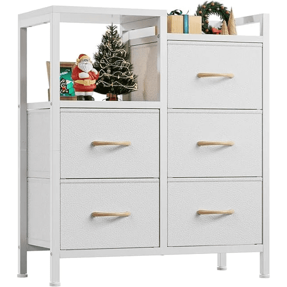 2-Tier Open Shelf Storage Cabinet with 5 Fabric Drawers, Wide Dresser Chest for Bedroom Hallway Nursery Use