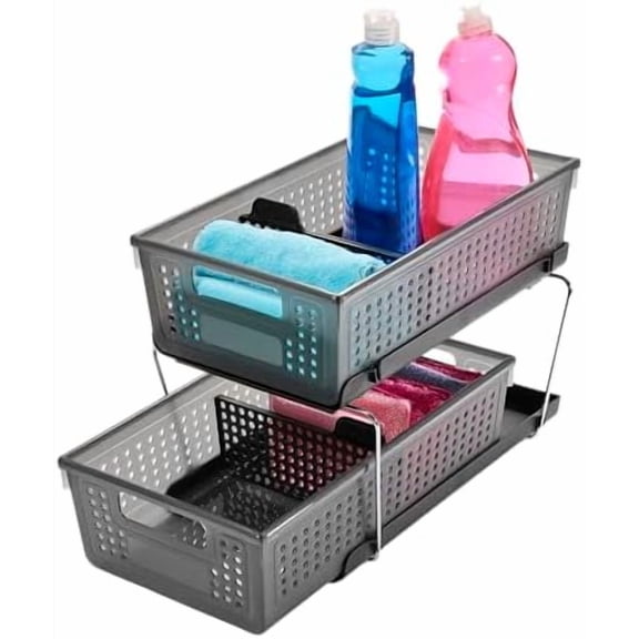 2-Tier Organizer, Multi-Purpose Slide-Out Storage with Handles and Dividers for Home and Bath, Easy Assembly, BPA Free, Carbon