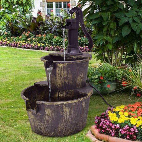 2 Tier Outdoor Barrel Waterfall Fountain with Electric Pump, Rustic Resin Water Feature for Garden Patio Backyard Porch Deck, Adjustable Water Flow, Decorative Cascading Fountain for Outdoor Decor