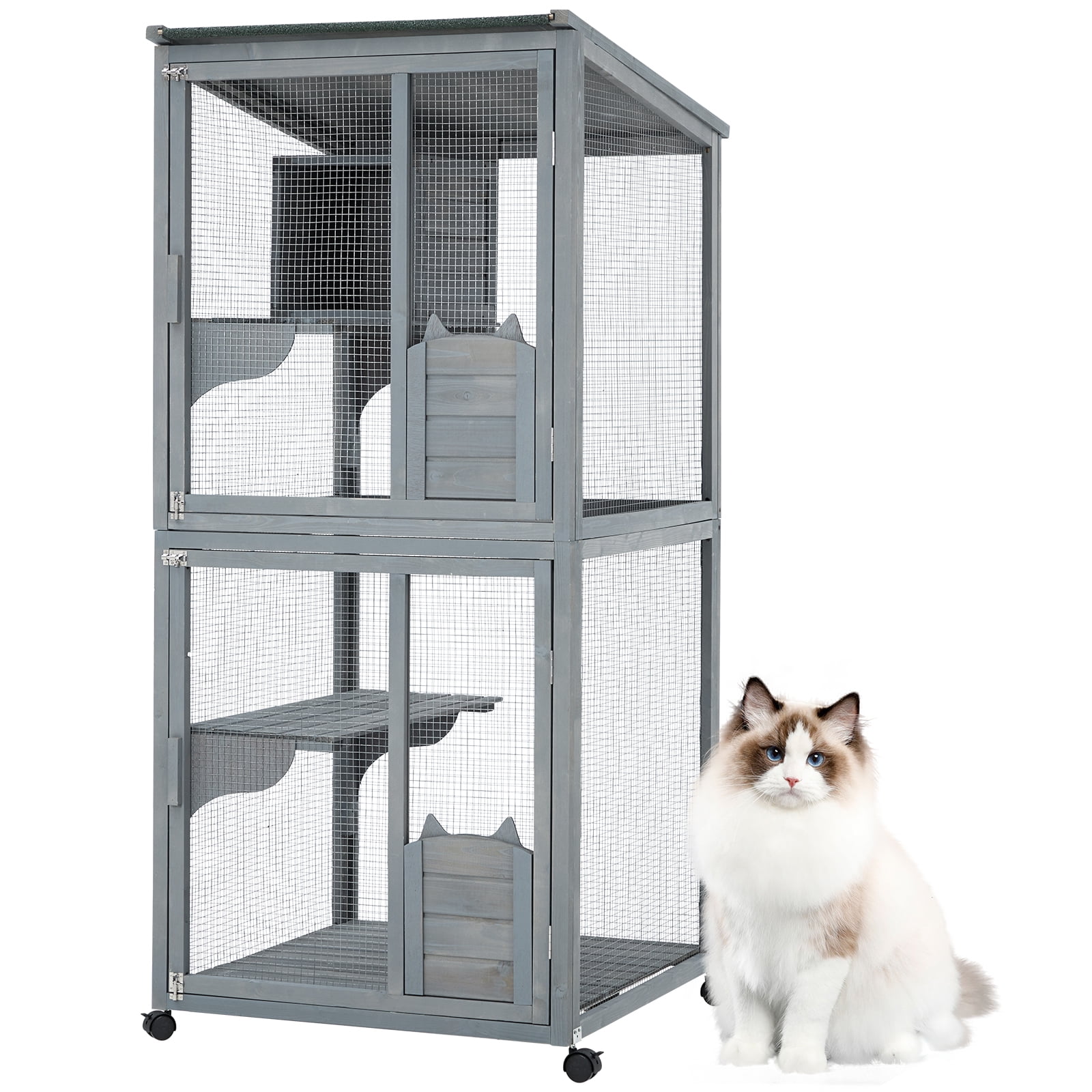 2-Tier Outdoor Cat House, Small Animal Cat Enclosure with 2 Lockable Doors, Catio with Waterproof Cover and Sunshine Panel Roof, Portable Kitty House with Resting Boxes & Fixable Wheels