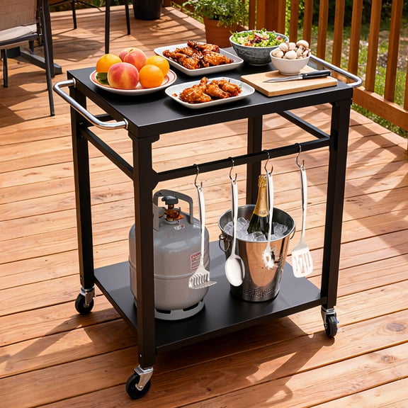 2-Tier Outdoor Grill Cart with Locking Wheels & Tool Hooks, Movable BBQ Prep Table, Rolling Serving Bar Cart for Patio, Backyard, Pizza Oven Stand, Black