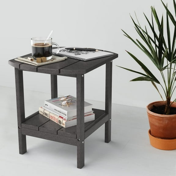 TORVA 2-Tier Outdoor HDPE Adirondack Side Table, All-Weather Square/Round Coffee Table for Patio, Balcony, Backyard, or Poolside (Grey)