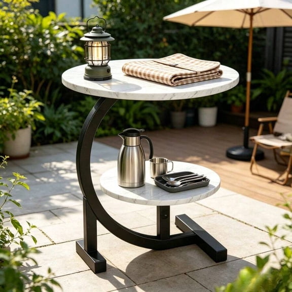 2-Tier Outdoor Patio Side Table, C-Shaped Weather Resistant Faux Marble End Table With Sturdy Metal Frame, Perfect For Garden, Backyard, Balcony, Poolside, Small Spaces, Indoor & Outdoor Use