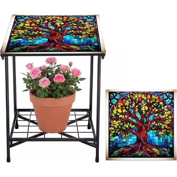 2-Tier Outdoor Side Table, Tree of Life Stained Glass Mosaic Patio Accent Table, Square Small End Table with Storage Shelf for Plant, Coffee & Tea, for Yard, Porch, Garden, Living Room, Bedroom