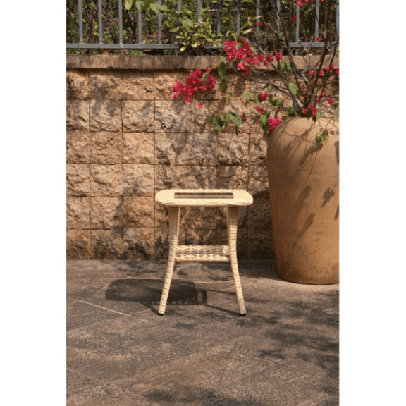 2-Tier Outdoor Wicker Side Table, Tempered Glass Top, Space-Saving
