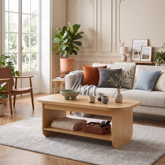 2-Tier Oval Coffee Table with Bottom Storage Shelf, Mid Century Center Table for Living Room, Natural