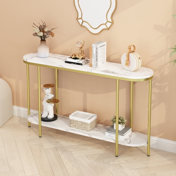 2-Tier Oval Console Table, White Faux Marble Top with Gold Metal Frame, Modern Entryway Table with Open Shelf, 42.1"11.4"30.5" Narrow Sofa Table for Hallway, Easy to Clean