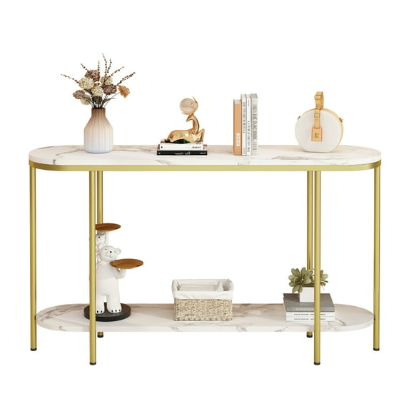 2-Tier Oval Console Table, White Faux Marble Top with Gold Metal Frame, Modern Entryway Table with Open Shelf, 42.1"11.4"30.5" Narrow Sofa Table for Hallway, Living Room & Foyer