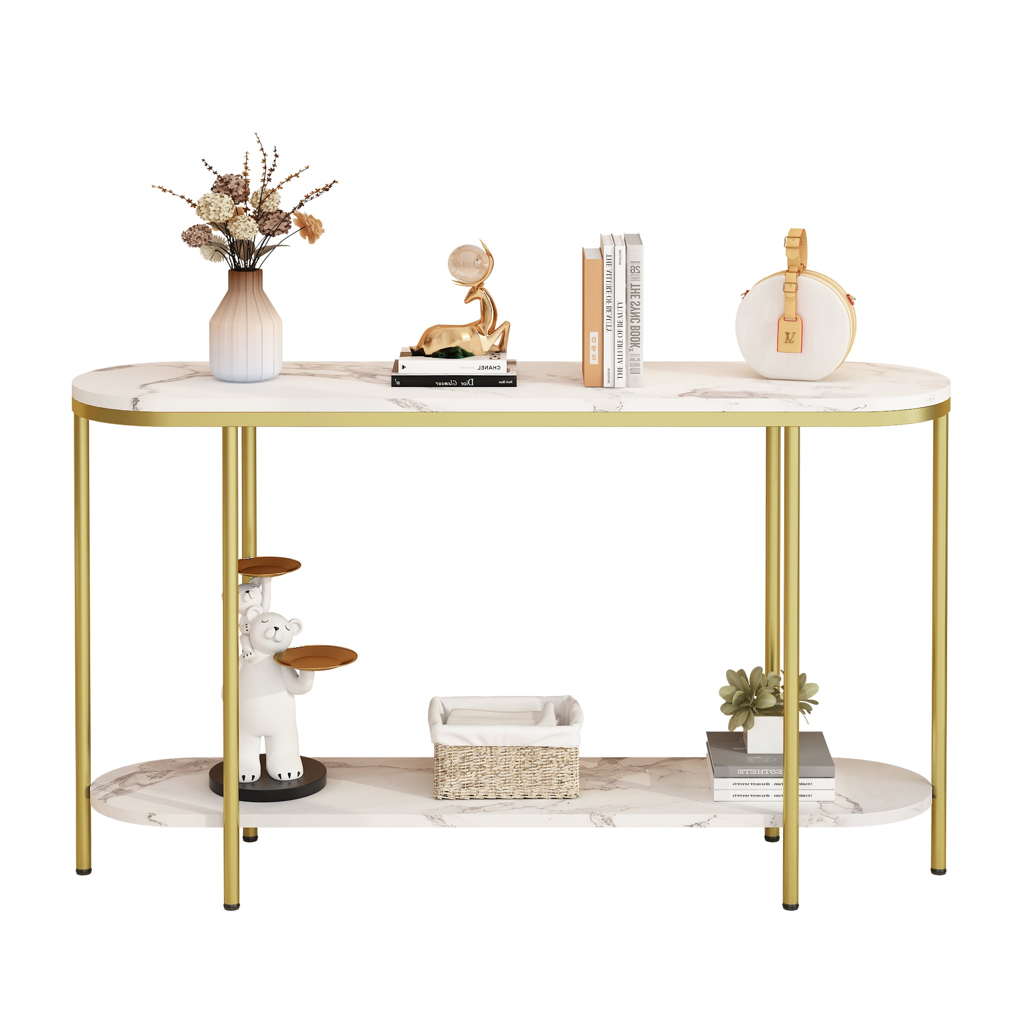 2-Tier Oval Console Table, White Faux Marble Top with Gold Metal Frame, Slim Narrow Entryway Sofa Table for Hallway Living Room Minimalist Glam Decor