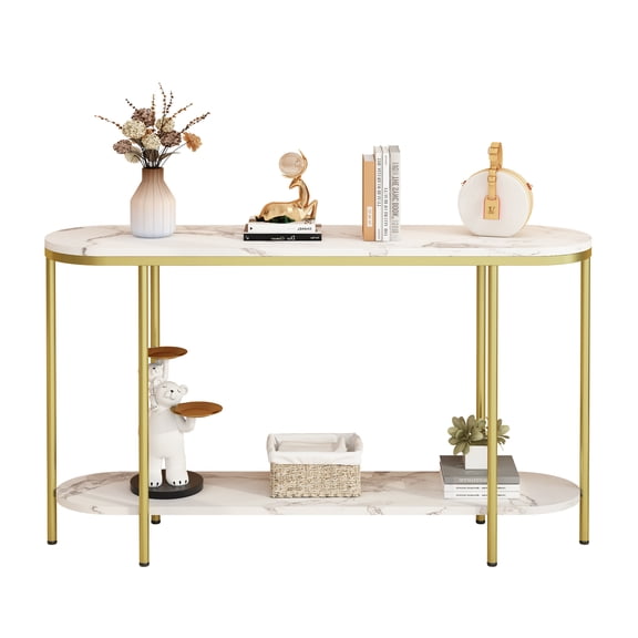 2-Tier Oval Console Table, White Faux Marble Top with Gold Metal Frame, Slim Narrow Entryway Sofa Table for Hallway Living Room Minimalist Glam Decor