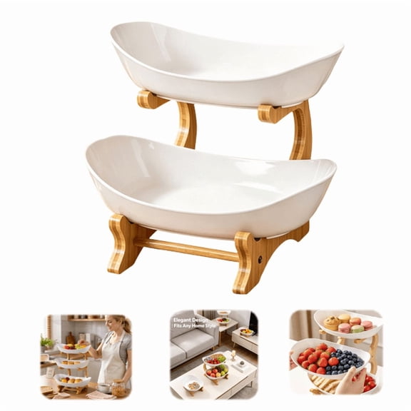 2 Tier Oval Fruit Basket Countertop Bamboo Stand Vegetable Bread Snack Candy Bowl Holder Kitchen Organizer Storage Display Serving Tray Detachable Farmhouse Modern Portable
