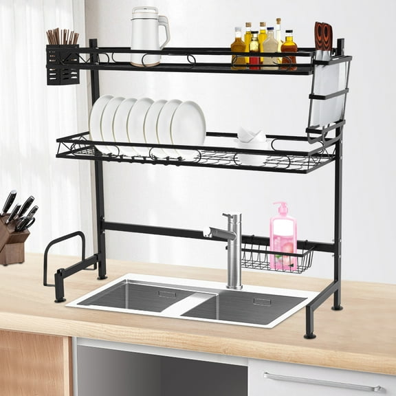 2-Tier Over Sink Dish Drying Rack, Multifunctional Kitchen Countertop Organizer with Hooks & Baskets, for Dishes, Bowls & Utensils