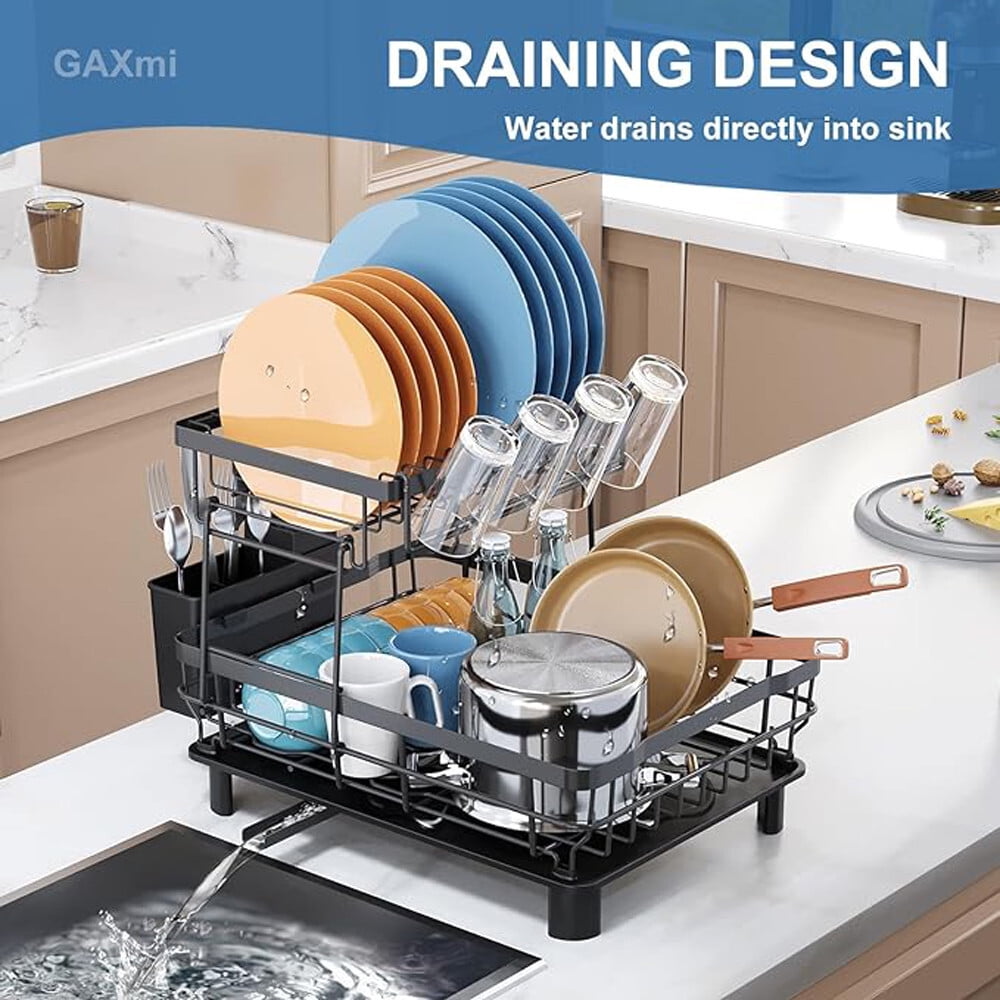 IYEBAU 2-Tier Over-The-Sink Dish Drying Rack - 16.5x11.8x13.6", Large Capacity With Drainboard - View #2