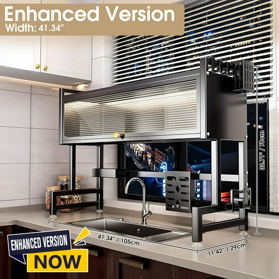 2-Tier Over-Sink Dish Rack with Cabinet Door – Adjustable Carbon Steel Drying Rack with Drainage, Space-Saving Kitchen Counter Organizer