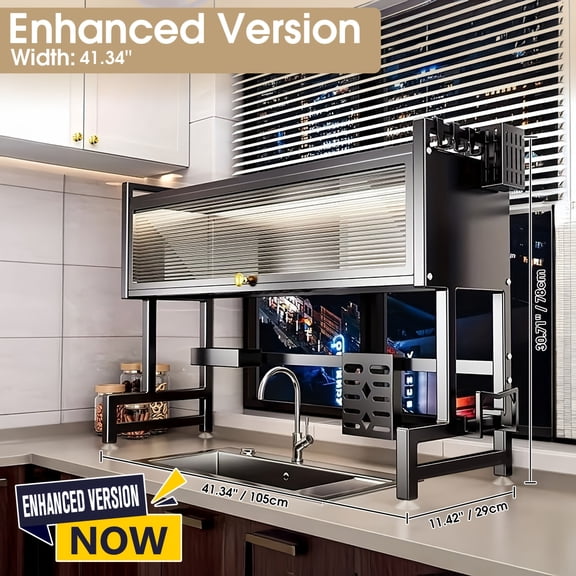 2-Tier Over-Sink Dish Rack with Cabinet Door – Adjustable Carbon Steel Drying Rack with Drainage, Space-Saving Kitchen Counter Organizer