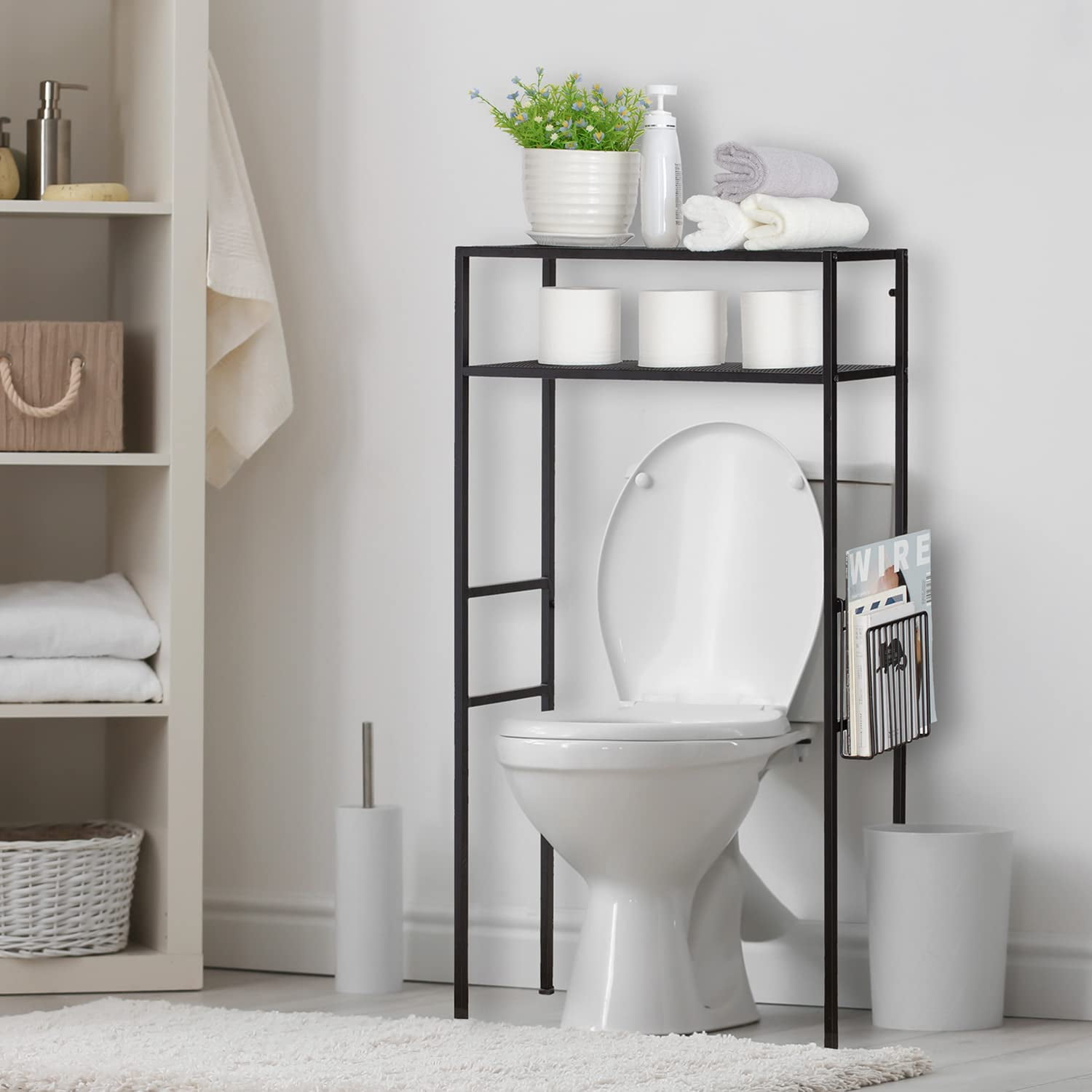 2-Tier Over The Toilet Storage Rack, Freestanding Bathroom Organizer with Magazine Holder, Black Metal Shelf for Space Saving