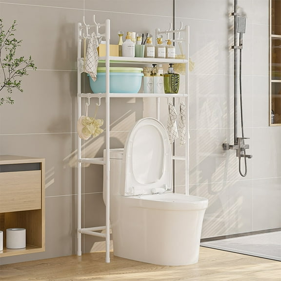 2-Tier Over-The-Toilet Storage Shelf | White Bathroom Organizer Rack | Space-Saving Toilet Paper & Toiletry Holder | Plastic & Iron Construction
