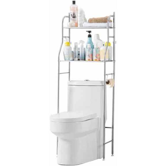 2-Tier Over Toilet Storage Rack, Metal 2 Tier Bathroom Organizer Shelf with Paper Holder and Hooks, Freestanding Shelf Space Saver Above Toilet