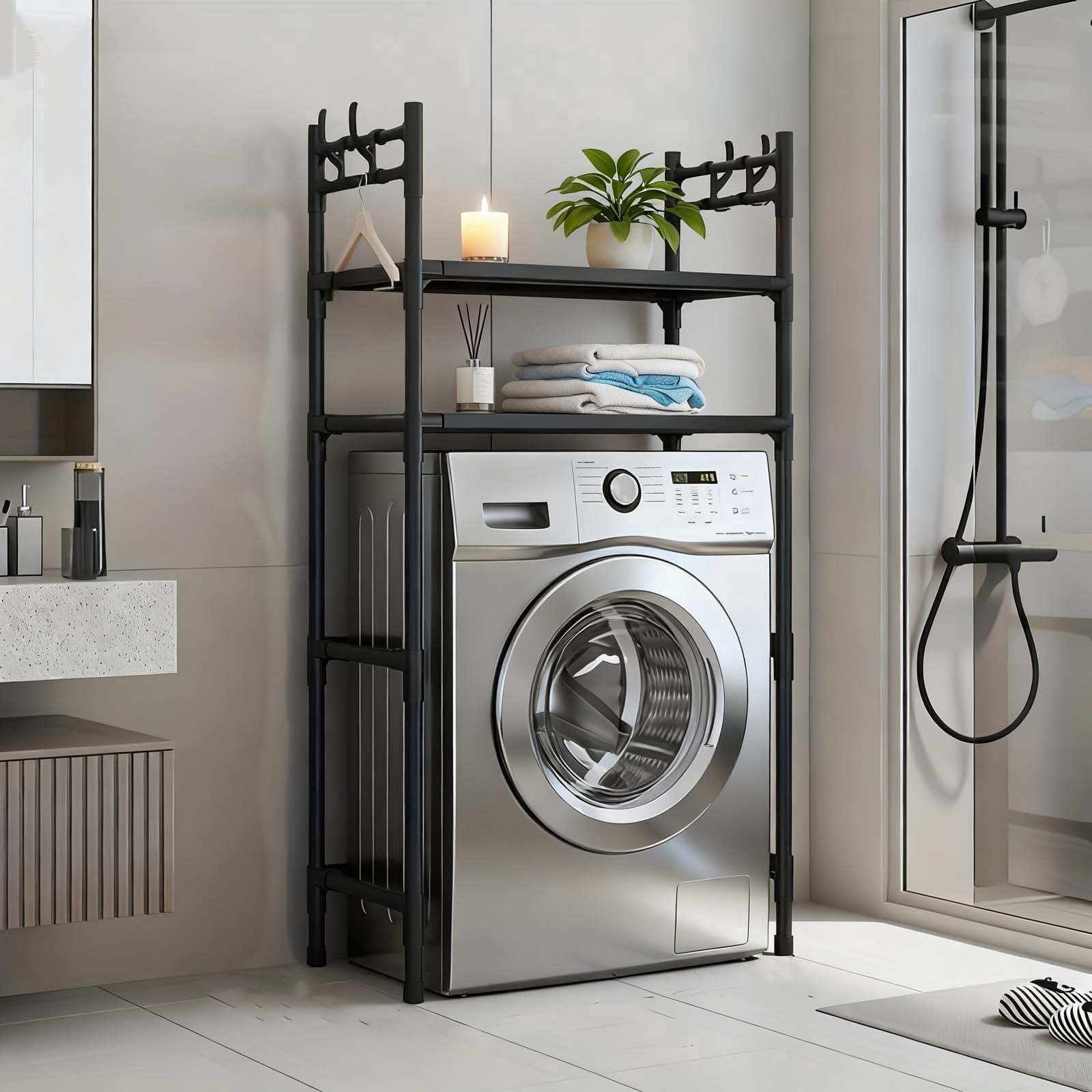 2-Tier Over Washer and Dryer Shelves - Portable Dryer Stand Over Washer with Hooks, Durable Plastic Laundry Organizer for Bathroom/Laundry Room