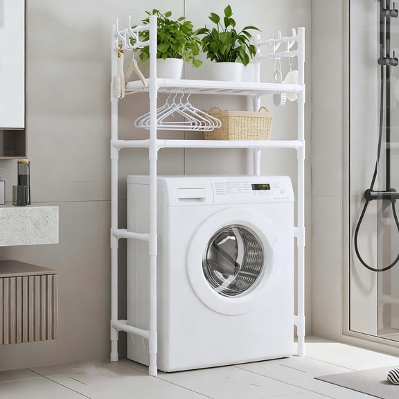 2-Tier Over Washer and Dryer Shelves - Portable Dryer Stand Over Washer with Hooks, Durable Plastic Laundry Organizer for Bathroom/Laundry Room