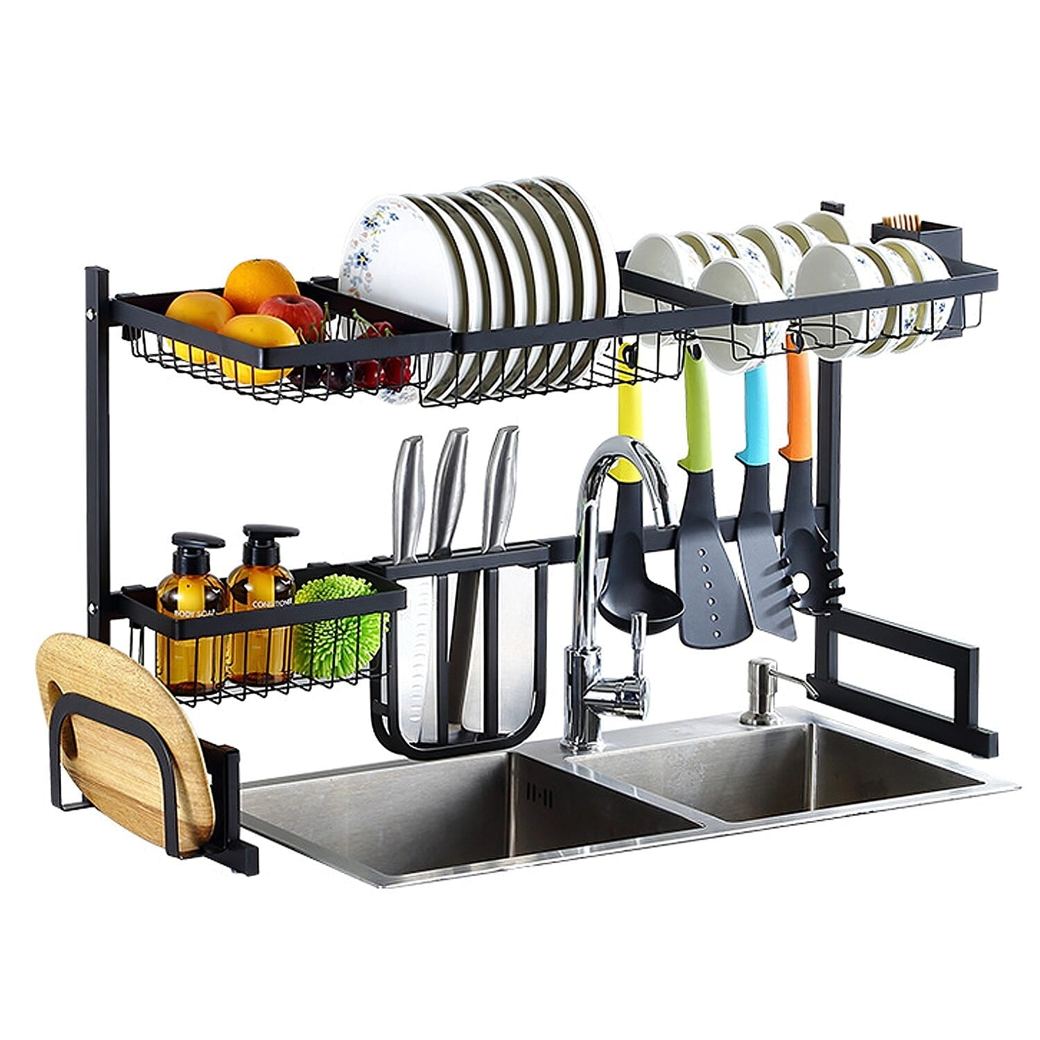 Black Stainless Steel 2-Tier Over Sink Dish Drying Rack with Utensil Cup