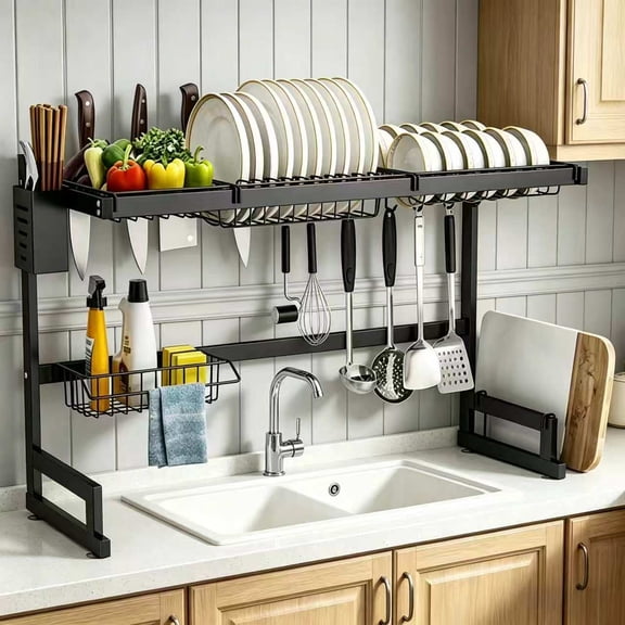 2 Tier Over the Sink Drying Rack  Large Stainless Steel Dish Drainer with Utensil Organizer, Multi-Purpose Kitchen Storage Rack