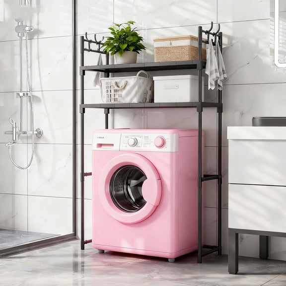 2-Tier Over the Washer and Dryer Storage Shelf, Portable Washing Machine Storage Rack with Hooks for Bathroom & Laundry Room