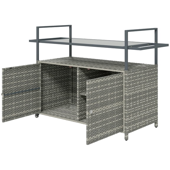 2-Tier PE Rattan Outdoor Bar Table with Glass Top, Outdoor Serving Cart with Cabinet, Mixed Brown
