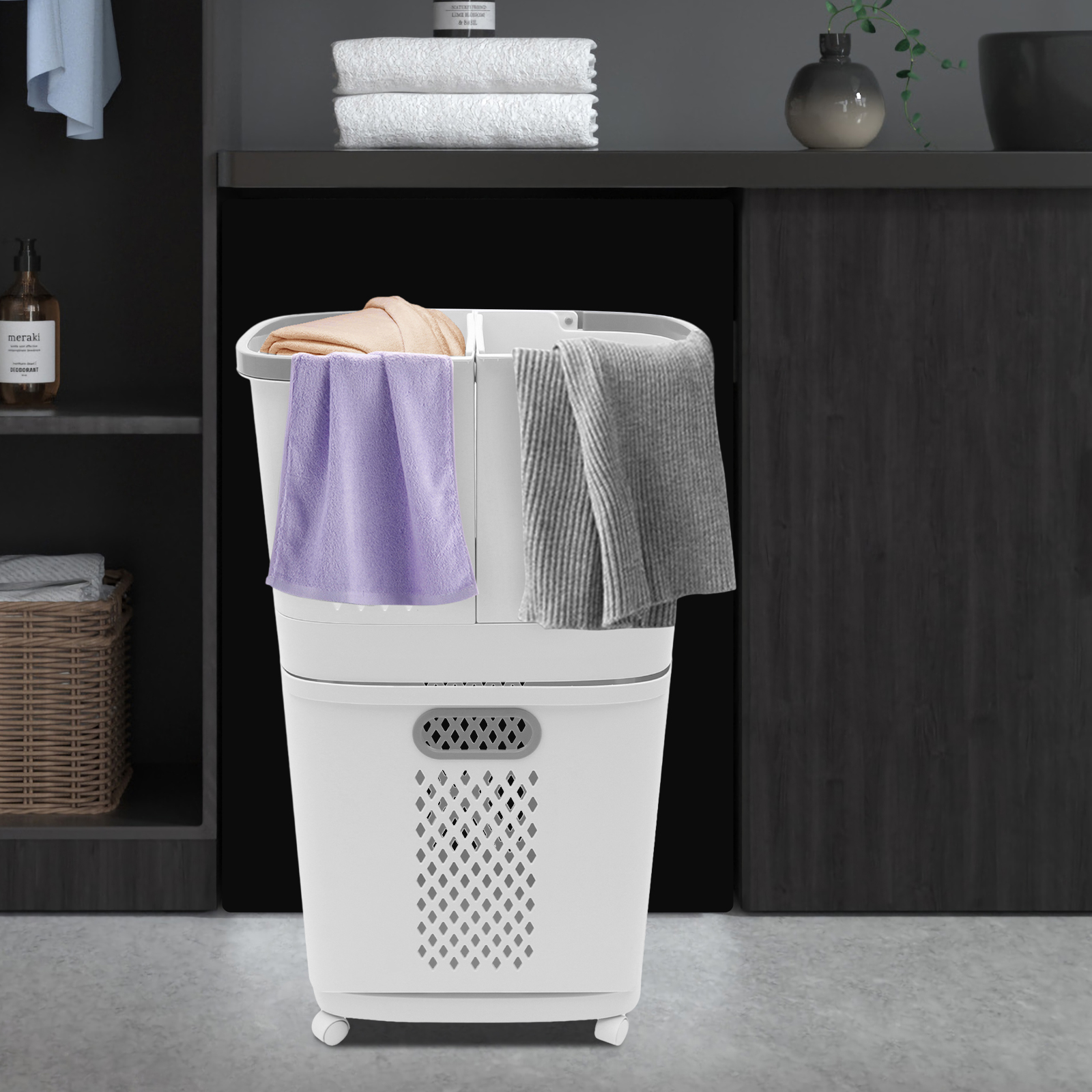 2 Tier PP Vertical Rolling Laundry Cart with 4 Wheels 3 Removable Hollowed Out Laundry Hampers for Laundry, Towels, Blankets and Bathroom Organization