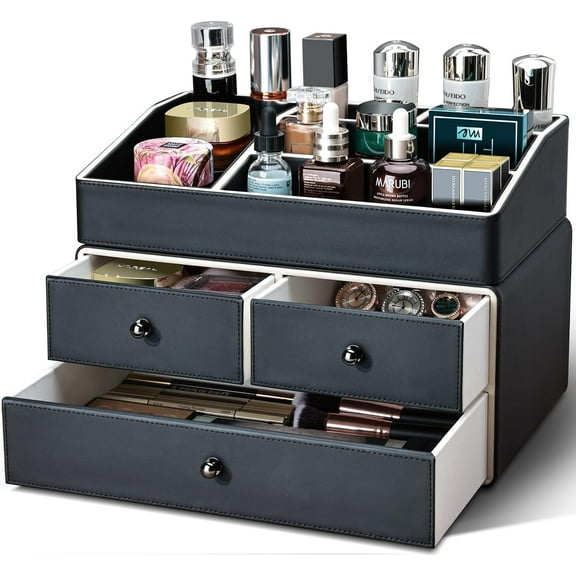 2 Tier PU Leather Makeup Organizer with 3 Drawers,  Storage Organizers for vanity Dresser Countertop and Bathroom Vanity, Beauty Holder for Lipstick Brush Skincare (Black)