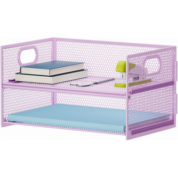 2 Tier Paper Organizer Letter Tray, Mesh File Organizer with Handle, Paper Sorter Desk Organizer for Home Office Supplies - Purple