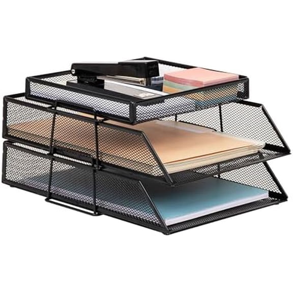 2 Tier Paper Tray with Top Supply Compartment, Desktop File Organizer, Metal Mesh, Black
