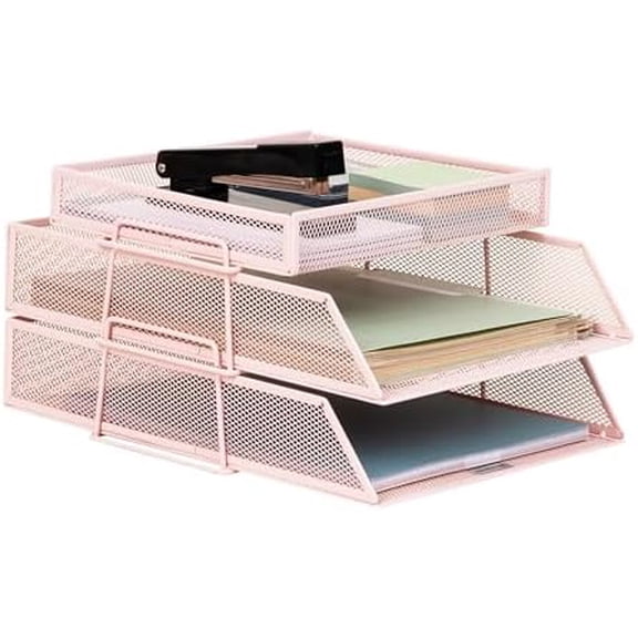 2 Tier Paper Tray with Top Supply Compartment, Desktop File Organizer, Metal Mesh, Pink