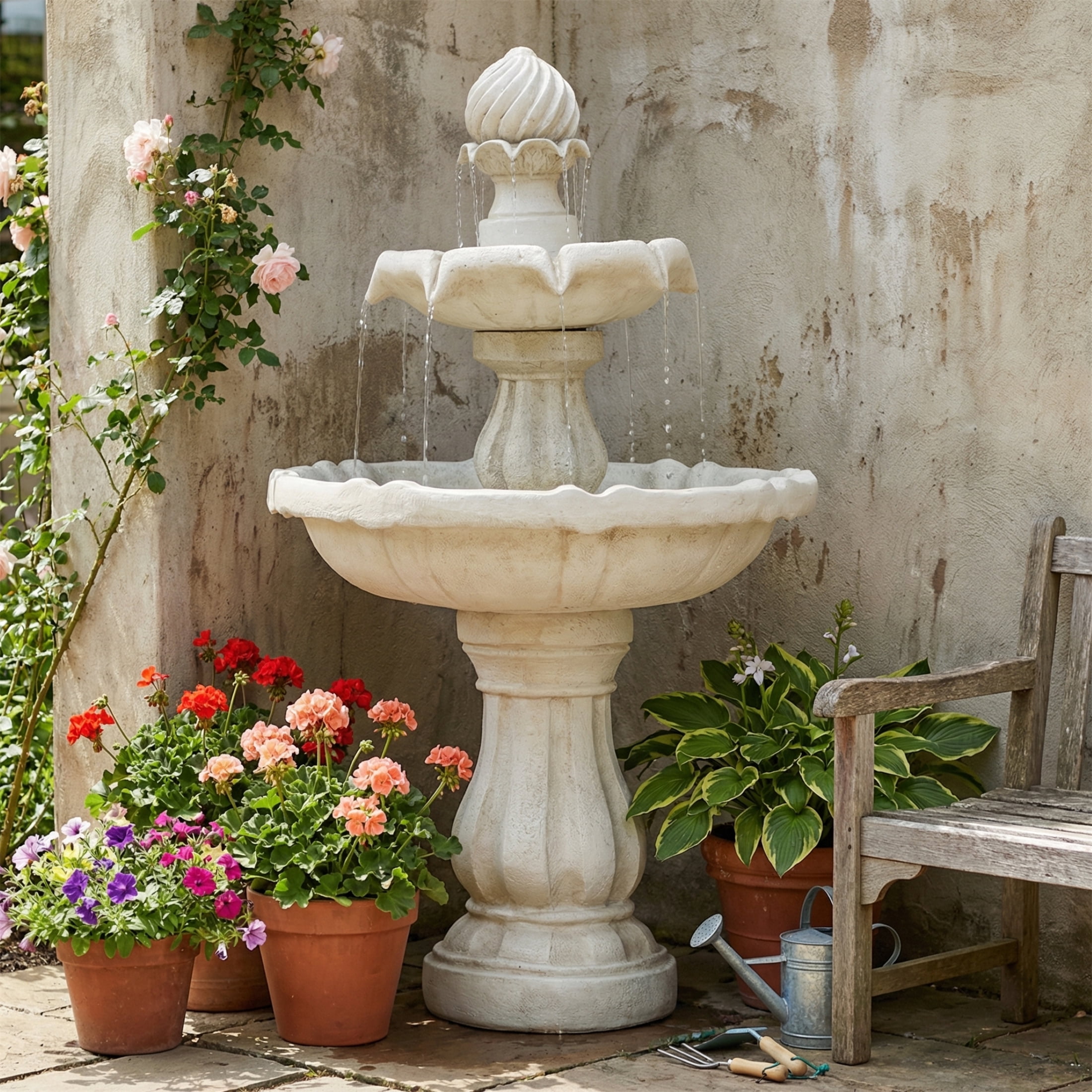 2 Tier Pedestal Fountain, 37.4 Inch White Polyresin Classic Outdoor Water Fountain for Patio Garden, White