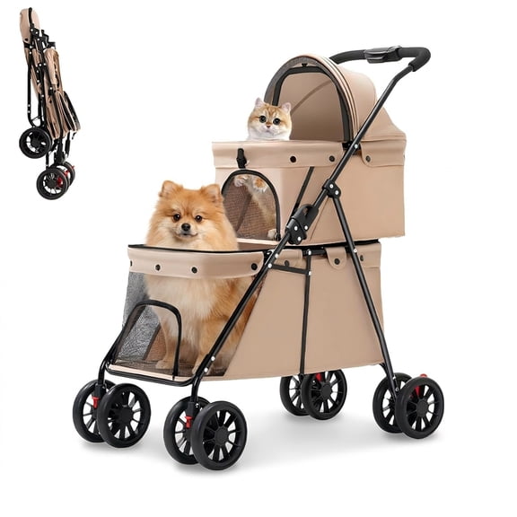 KFeng Double Layer Pet Stroller, Foldable Portable Medium Small Cat & Dog Carrier, Breathable Mesh Window, Stable Lightweight 4-Wheel Pet Stroller(Khaki)