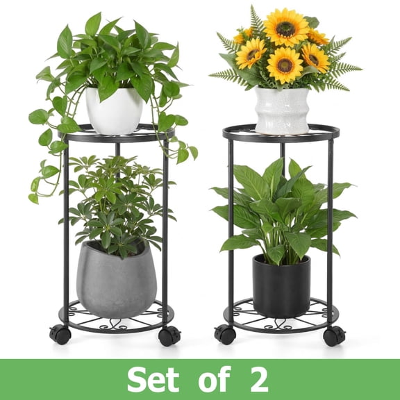 2 Tier Plant Caddy Plant Stands with Wheels, 2 Pack Heavy Duty Iron Round Flower Pot Roller Base Plants Rack for Planter Corner Garden, up Load 110 lbs (Black)